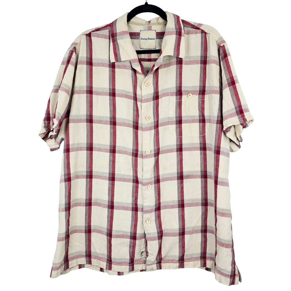 Tommy Bahama Mens XXL Silk Short Sleeve Plaid‎ Button Up Shirt Red Cream Marlin